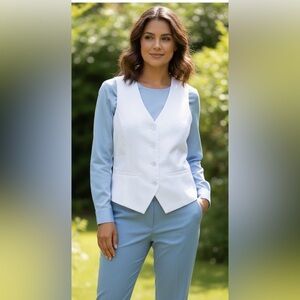 NWOT White vest, V-neck, button closure, pointy front hem, lined, S/M